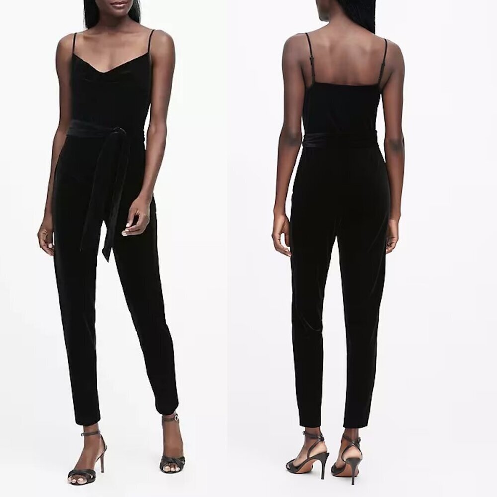 NWT New Banana Republic Black Velvet Cowl-Neck Black Jumpsuit Size 8
